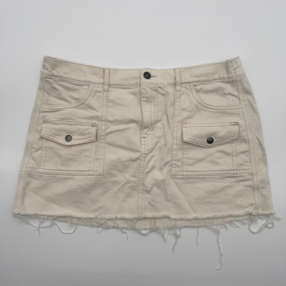 Aerie Cream Denim Cargo Mini Skirt Raw Hem Utility Pockets Off White Large